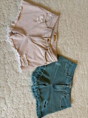 KUT from the Kloth set of 2 Distressed High-Waist Denim Shorts in Blush and Teal